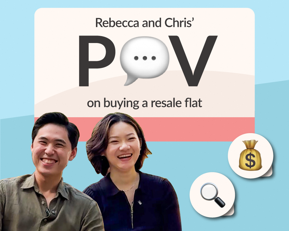 Graphic featuring two homeowners, with text that reads "Rebecca and Chris' POV on buying a resale flat"